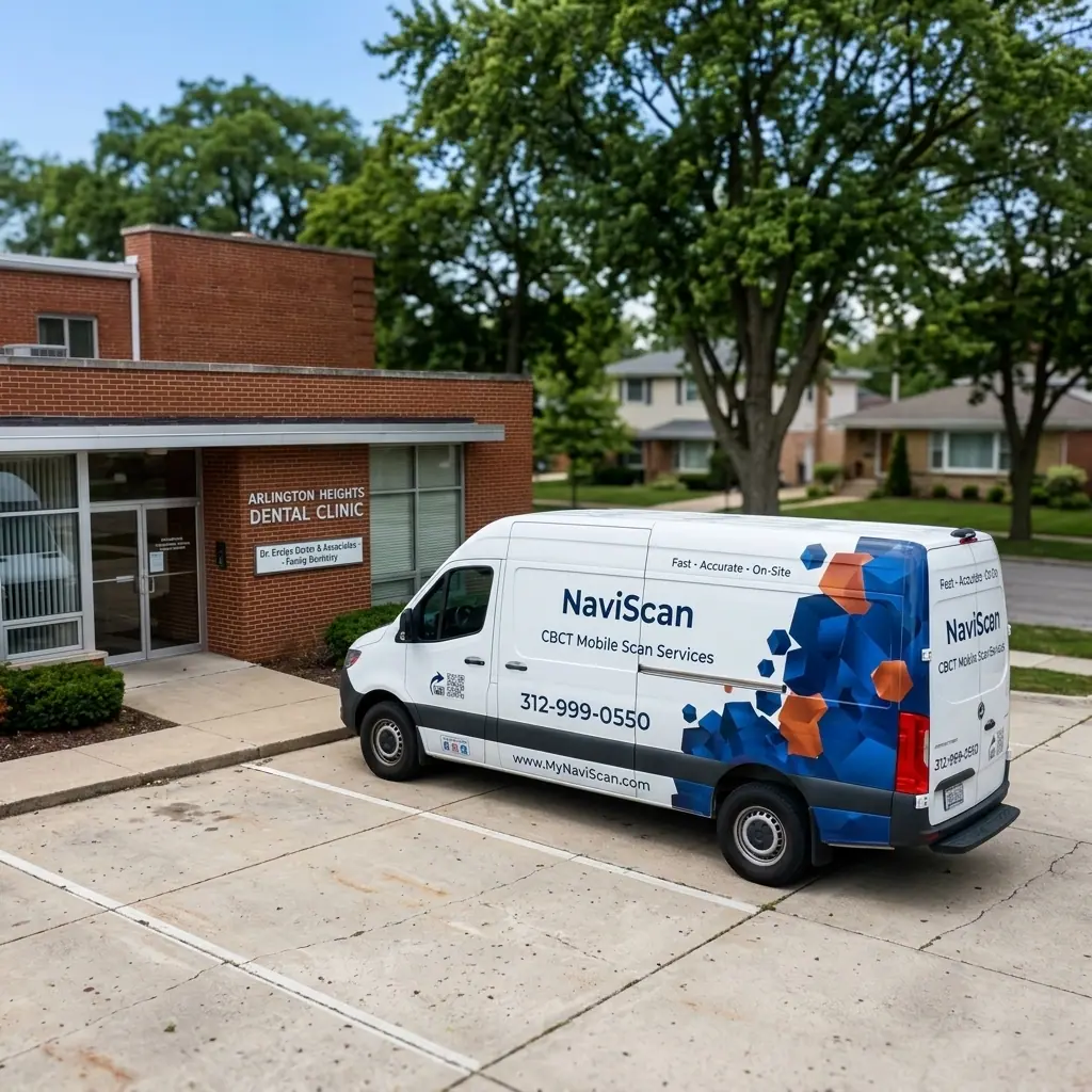 MyNaviScan mobile CBCT van parked outside a west-suburban dental clinic in DuPage County, Chicagoland