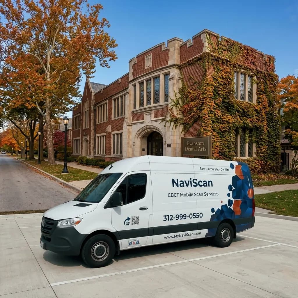 MyNaviScan mobile CBCT van parked outside an Evanston dental clinic on Chicago's North Shore