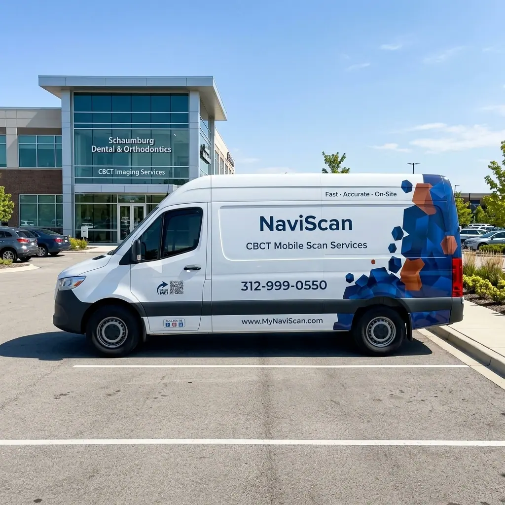 MyNaviScan mobile CBCT van parked outside a Schaumburg dental clinic in northwest Chicagoland